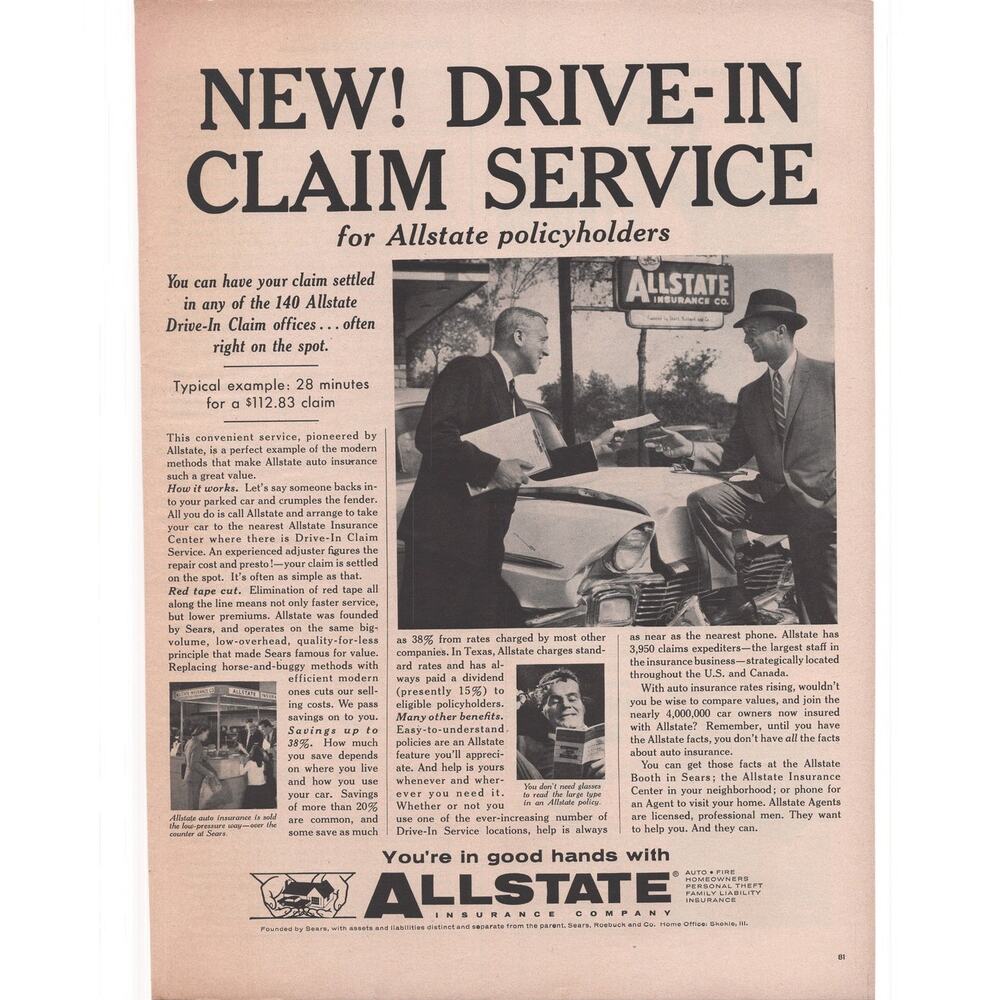 Allstate Insurance Company Magazine Advertisement Vintage 1950s Automobile Car